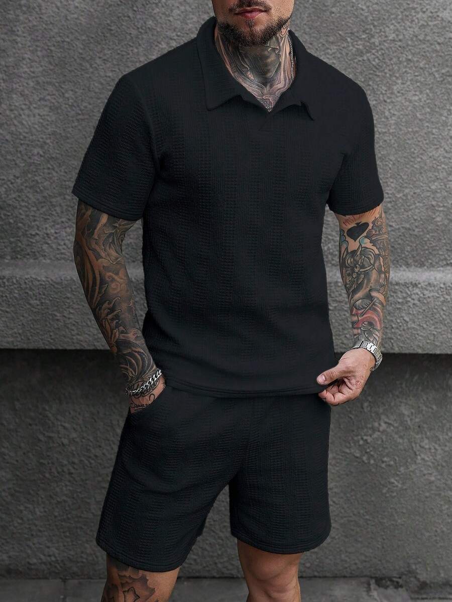 Manfinity Homme Men's Textured Loose Fit Short Sleeve Casual Polo Shirt Set - Black - View 1