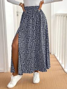 SHEIN Tall CURVE Chân váy xòe cao họa tiết hoa nhí dáng rộng dành cho nữ, thích hợp cho mùa xuân, hè, thu đi biển/nghỉ lễ. - Xanh và trắng - Xem 6