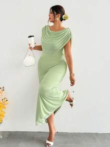 Firerie Robe de soirée élégante vert sauge grande taille pour femme, robe d'invitée de mariage d'été, col drapé en maille élastique, taille cintrée, pour remise de diplôme, bal et rassemblement - Vert - Voir 4