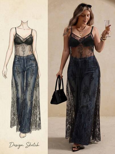 Elegantrix Áo camisole ren xuyên thấu gợi cảm kiểu Pháp dáng chữ A, dây mảnh, dành cho nữ cỡ lớn, thích hợp cho mùa xuân/hè.