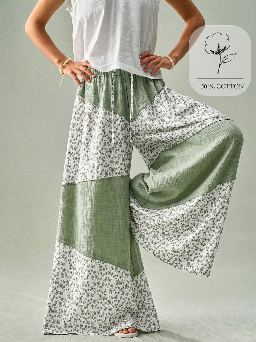 SoleilVie Quần ống rộng phối hoa mùa xuân hè mới, cạp thường, lưng thun, kiểu quần maxi đi nghỉ dưỡng. - màu xanh lá - Xem 1
