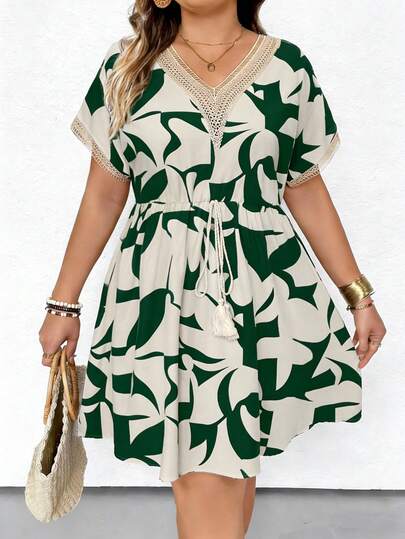 EMERY ROSE Vestido casual de mujer talla grande con estampado geométrico y contraste de encaje en la cintura