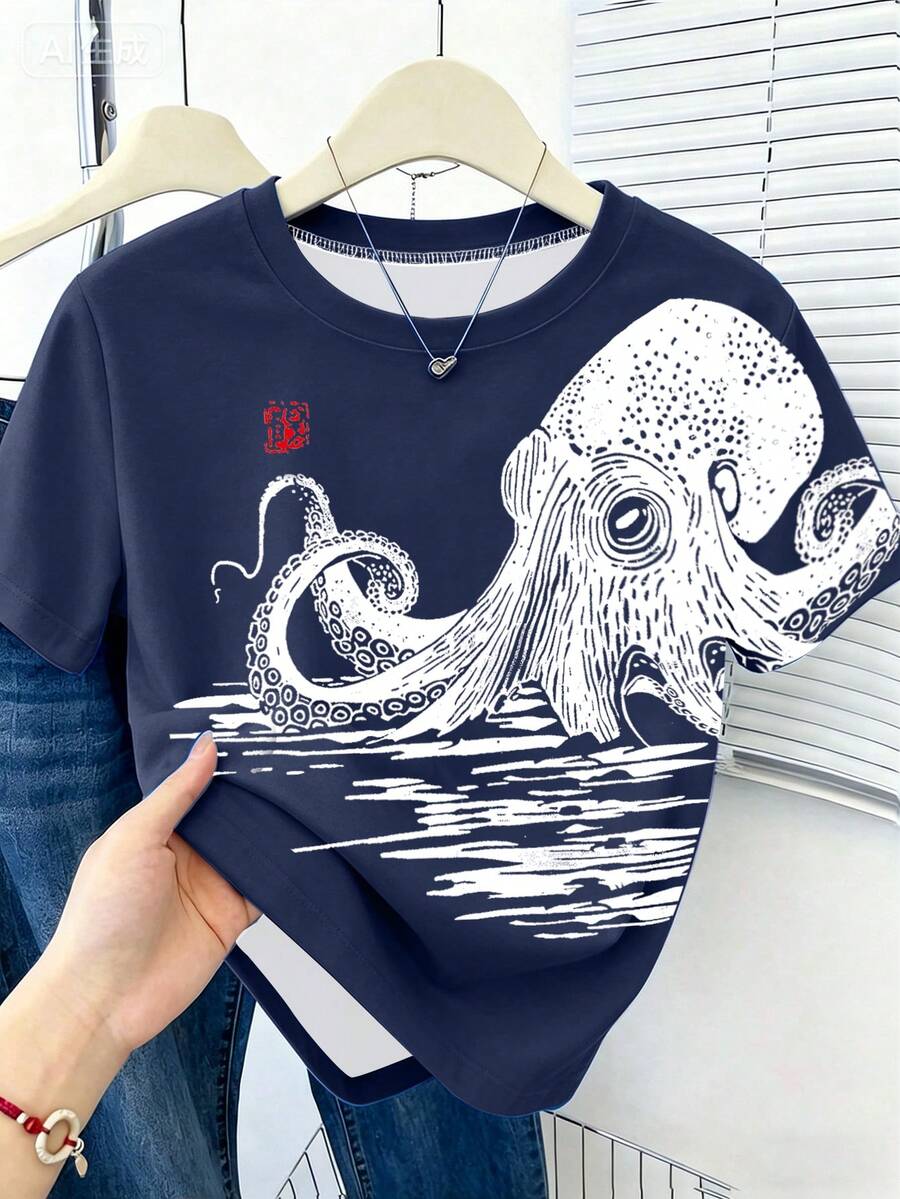 SHEIN Áo thun ngắn tay ôm dáng in kỹ thuật số họa tiết bạch tuộc cổ điển - Nhiều màu - Xem 1