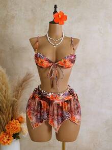 Swim SXY 3 pezzi Set da bagno con top a canotta con stampa floreale e animale, slip con lacci ai lati e gonna a volant in rete - Multicolore - Visualizzare 1