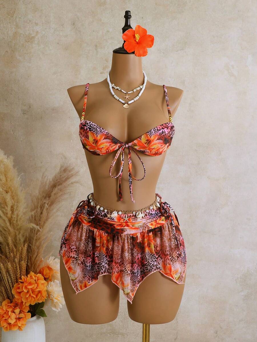 Swim SXY 3 pezzi Set da bagno con top a canotta con stampa floreale e animale, slip con lacci ai lati e gonna a volant in rete - Multicolore - Visualizzare 1
