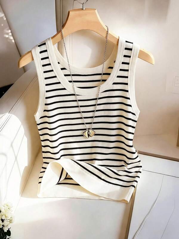 SHEIN Franclia Women's Black And White Striped Tank Top,Elegant Round Neck Sleeveless Summer Casual Tops For Brunch,Commuting Basic Festival Outfits For Women