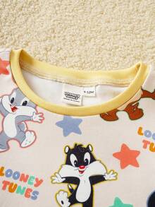 LOONEY TUNES X SHEIN Bộ đồ ngủ bé trai in hình hoạt hình, gồm áo tay ngắn cổ tròn và quần legging. - trắng - Xem 3
