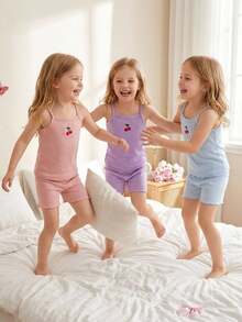 SHEIN [3-Piece Set] Young Girl's Spring/Summer Camisole, Shorts, Embroidered Bow Camisole & Shorts Underwear Set (Random Color) - Multicolor - View 7