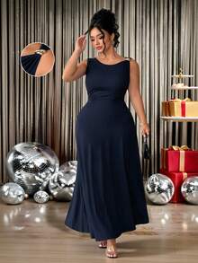 Elenzga Vestido Assimétrico de Cintura Marcada com Decote Assimétrico, Ombros Assimétricos, Decoração Metálica, Sem Mangas, Bainha Irregular em Retalhos, em Tecido Macio e Elástico de Malha Plus Size, Elegante para Passeios, Encontros, Festas e Uso Diário - Azul Marinho - Visão 1