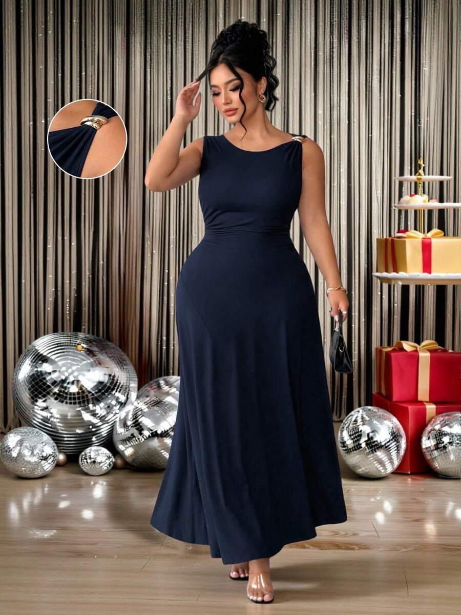 Elenzga Vestido Assimétrico de Cintura Marcada com Decote Assimétrico, Ombros Assimétricos, Decoração Metálica, Sem Mangas, Bainha Irregular em Retalhos, em Tecido Macio e Elástico de Malha Plus Size, Elegante para Passeios, Encontros, Festas e Uso Diário - Azul Marinho - Visão 1
