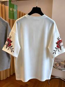 Franclia Camiseta de mujer, bordado falso, camiseta con estampado gráfico decorado con perlas falsas, camiseta holgada de cuello redondo y manga murciélago, camiseta elegante de mujer, adecuada para uso diario y citas, top de manga corta de mujer, top con patrón de diamantes de perlas, top de verano de mujer, camiseta con patrón de bordado falso - Blanco - Ver 2