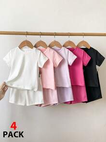 SHEIN Playful Pals 5套女嬰休閒粉色黑白色純色圓領短袖柔軟T恤與短褲套裝，日常春夏季穿搭 - 彩色 - 查看 8