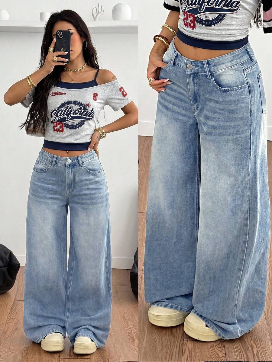 SHEIN 少女Y2K复古水洗高腰宽松阔腿牛仔裤,浅蓝色水洗,简约百搭休闲直筒牛仔裤,适合学校、校园、大学穿着 - 藍色 - 查看 1