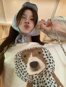 DAZY Kaos Wanita Lengan Pendek Leher Bulat Motif Kartun Anak Anjing, Gaya Korea Musim Semi/Panas - Putih - View 6