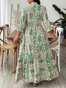 SHEIN VCAY Plus Size Green Retro Print Dress, Suitable For Summer Beach Vacation - Green - View 2