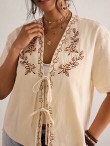 Freevana Plus Size Women Floral Embroidery Short Sleeve Tie Front Shirt - Apricot - View 1