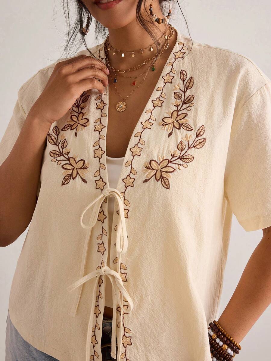 Freevana Plus Size Women Floral Embroidery Short Sleeve Tie Front Shirt - Apricot - View 1