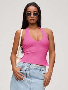 SHEIN BASICS Casual Solid Color Knit Halter Neck Women's Top - Hot Pink - View 4