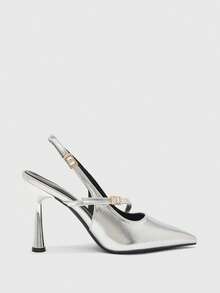 CUCCOO BIZCHIC Women Shoes Silver Metallic Back Strap Shoes, Rhinestone Buckle Decoration, Shining Dinner Party Dating Temperament Pointed Shoes - Silver - View 2