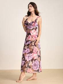 Hourtrue Floral Print Ruffle Trim Mesh Cami Pajama Nightdress Long Dress Perfect For Summerfor Summer - Black - View 7