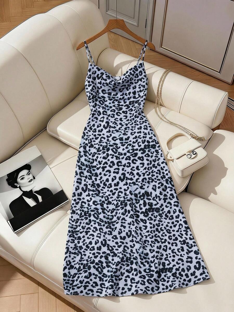 Franclia Leopard Print Draped Cami Dress Vacation Outfits Woman  Golf Pastal Summer Sexy - Dusty Purple - View 1