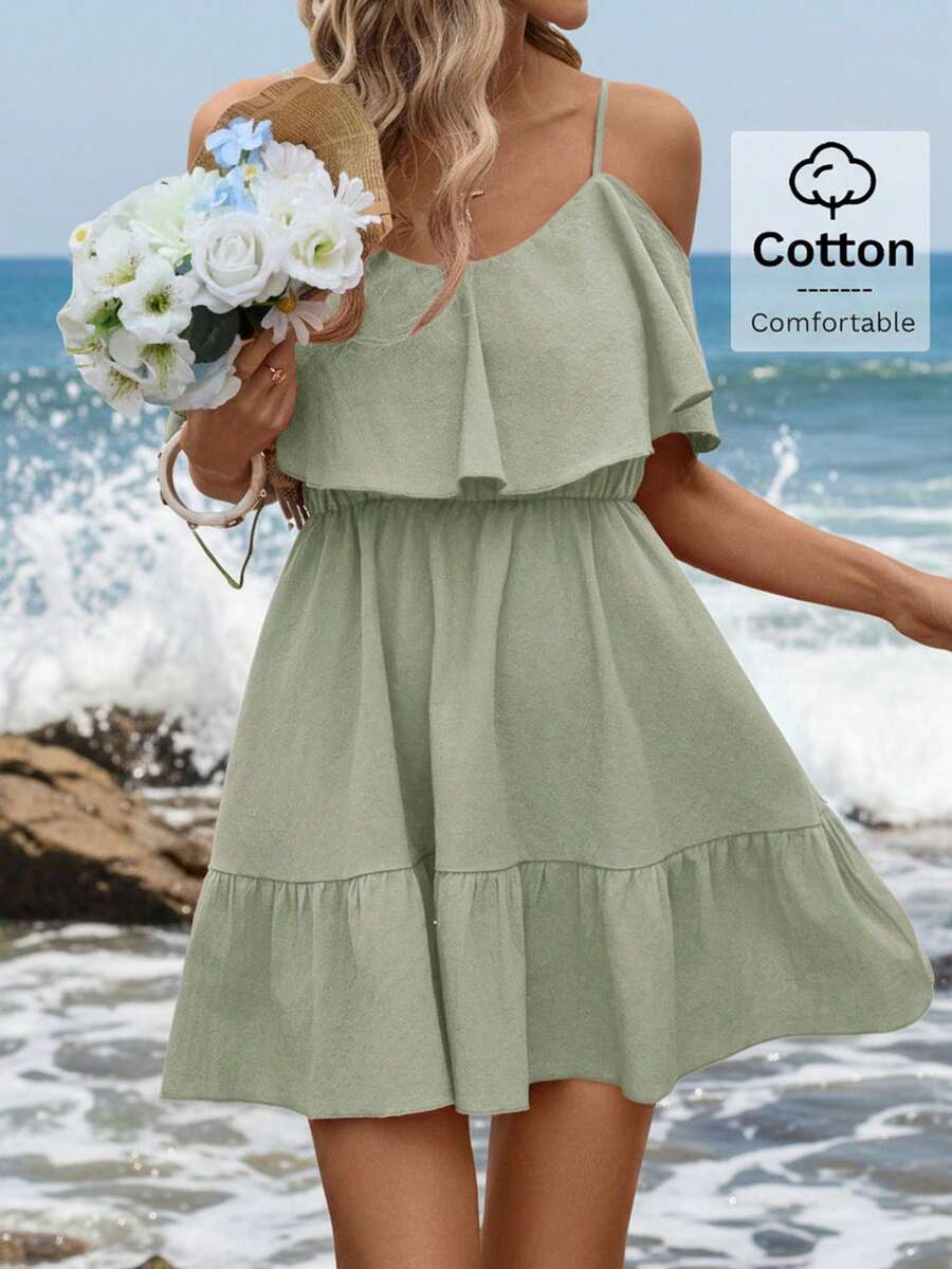 SHEIN Clasi Đầm nữ thanh lịch mới, kiểu dáng trễ vai, dây mảnh, thoải mái, chất liệu cotton màu đỏ thẫm trơn, dáng chữ A. - Màu xanh Bạc hà - Xem 1