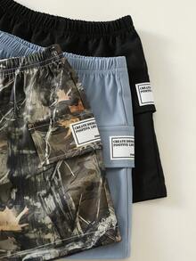 SHEIN Bộ 3 quần short cargo mùa hè cho bé trai, kiểu dáng đường phố, họa tiết rằn ri và màu trơn, bộ quần short cho bé trai. - Nhiều màu - Xem 5