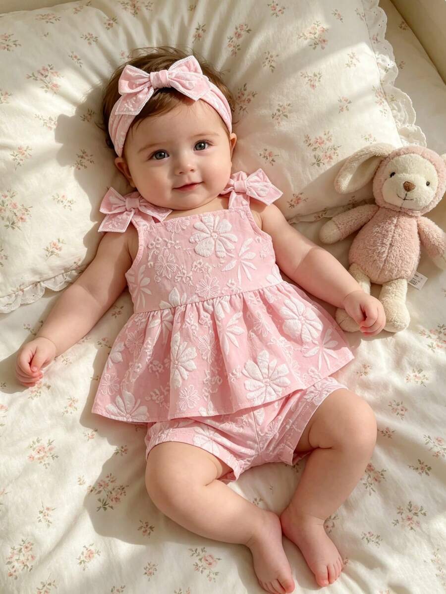 SHEIN Playful Pals 2件套女婴幼儿/新生儿0-3岁休闲日常可爱度假提花纹理蝴蝶结图案吊带背心+短裤套装，春夏款