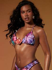 Hauture Áo bikini hai dây buộc cổ gợi cảm dành cho nữ, họa tiết hoa lá trừu tượng, viền ren hình lá rau diếp, trang trí hoa 3D. - Nhiều màu - Xem 3