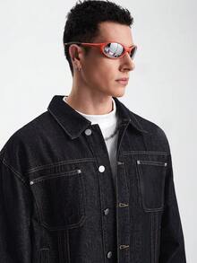 Zorclune Bộ đồ denim nam màu xanh đậm 2 món, áo khoác thường ngày và quần ống rộng, bộ đồ denim nam mùa xuân/thu, quần jeans rộng thùng thình. - Rửa tối - Xem 6