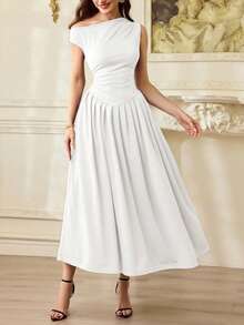 Vintamour Vintage Elegant Women's Dress With Pockets Ruched Oblique Shoulder Casual Commute Holiday Party Dress Long Summer Dress For Women Summer Clothes Summer Holiday Outfits Spring Outfit Women Spring Break Outfits Spring Clothing Spring Dress Women Valentine's Day Outfit Valentine Outfits For Women Valentine Clothes Valentine Dress Valentines Day Dress Elegant Party Dresses For Women Wedding Guest Dress For Women Elegant Dresses For Women,Summer Dresses For Women - White - View 3
