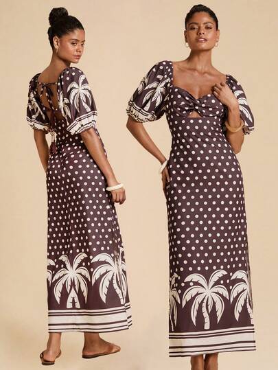 Travachic Brown Polka Dot Twist Petal Sleeve Coconut Tree Print Casual Vacation Dress