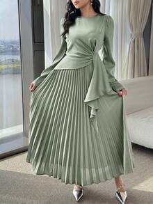 Modelyn Women's Solid Color Round Neck Pleated Hem Elegant Dress,Dresses For Women Summer - Green - View 4
