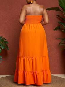 SHEIN CURVE+ Đầm mùa hè Slayr Vacation Casual màu xanh lá cây trơn, không dây vai, cỡ lớn dành cho nữ. - trái cam - Xem 2