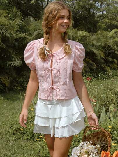 WESTFADE 100% Cotton Floral Embroidered Collar Tie Front Short Puff Sleeve Top, Festival, Pink Top, Women's Country Clothing