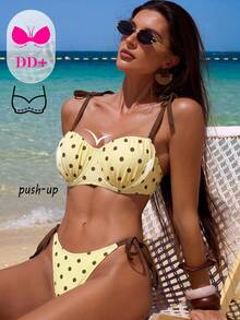 Voyashape Set bikini da donna sexy con ferretto, push-up, con imbottitura, spalline, nodo laterale in vita, adatto per primavera/estate - Giallo - Visualizzare 4