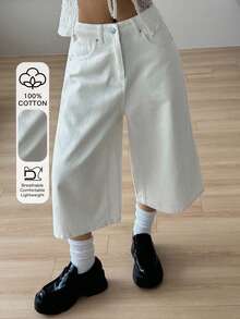 DAZY Shorts jeans femininos casuais, versáteis, de cor sólida e pernas largas. - Branco - Ver 1