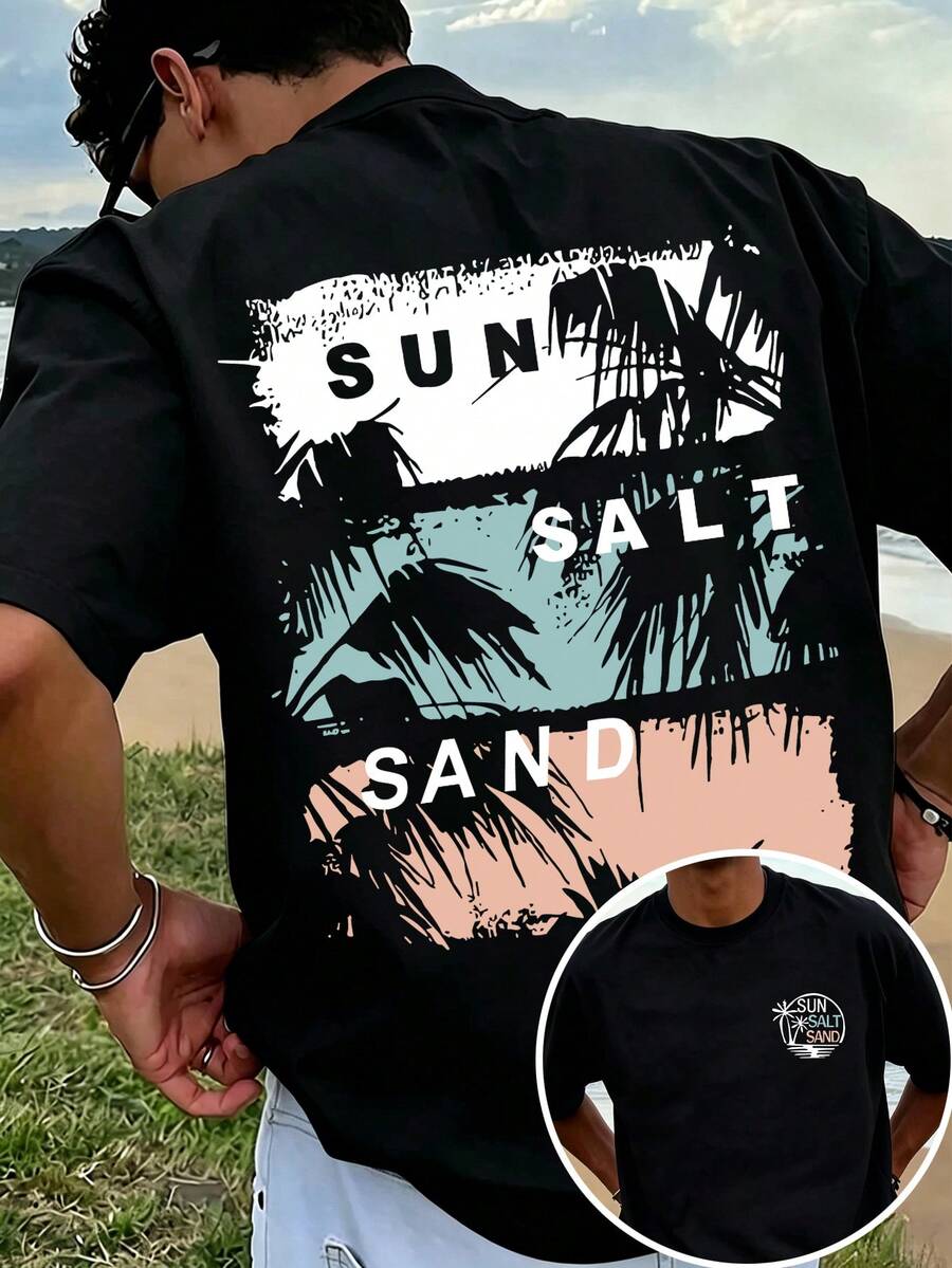 Manfinity Dauomo Men's Casual Graphic Print Crew Neck Short Sleeve T-Shirt, Summer Top - Black - View 1