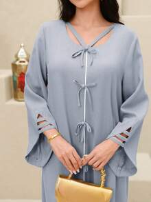 Yasmyna Đầm dự tiệc kiểu Ả Rập màu trơn buộc dây dành cho nữ - Màu xanh lam - Xem 7