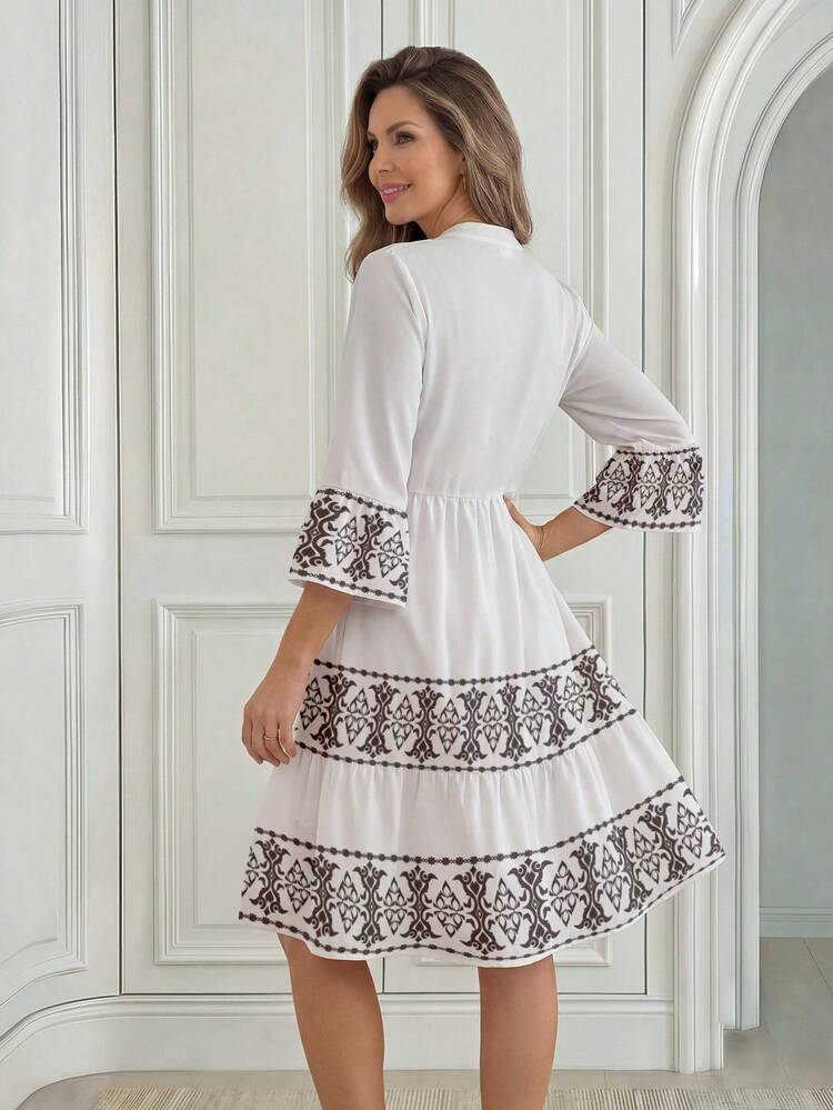 Beach Vacation V-Neck Midi White Floral Print Dress For Mom