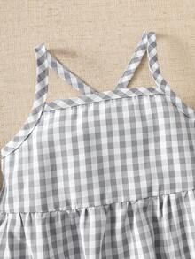 SHEIN Bộ quần áo trẻ em in hình cừu 3D, hướng dẫn trang phục dự tiệc, thiết kế 3D dễ thương, áo liền thân kẻ caro cho bé, trang phục chụp ảnh kỷ niệm 100 ngày/sinh nhật 1 tuổi kèm mũ cừu bông. - Màu Xám nhạt - Xem 4