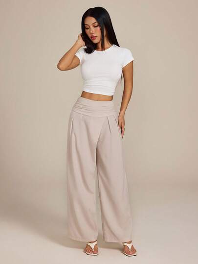 SHEIN PETITE Women's New Simple Elegant Green Mid-Waist Loose Straight Leg Linen Pants, Versatile For Daily Casual Wear, Commute, Fashion, Summer, Office, Beach Holiday,Teacher Outfits For Women, Fall Women Clothes, Back To School Clothes, Old Money Style Women, Office Outfits For Women