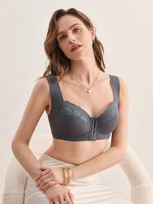 Hourtrue 3pcs/Set Women's Wireless Lace Trim Front Closure Sexy Lingerie Set - Multicolor - View 8