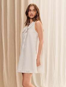 lacRébo White Seashell Embroidered A-Line Mini Dress With Ruffled Collar, Delicate Front Button Detail Spring Summer Casual Holiday Cute French Style - White - View 4