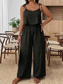SHEIN Frenchy Bộ áo liền quần cỡ lớn bằng vải dệt chấm bi đen trắng: Kiểu dáng thoải mái, không tay, dây mảnh, dài, chi tiết thắt nút, thích hợp cho mùa hè, kỳ nghỉ, mặc hàng ngày. - Đen và trắng - Xem 4
