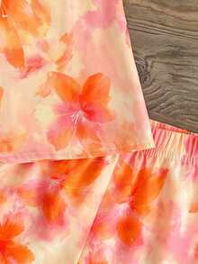 SHEIN Playful Pals 女嬰套裝 6個月-3歲 2件/套 粉色夏季可愛度假無袖荷葉邊花朵印花上衣與短褲 優雅華麗休閒套裝 - 橘色 - 查看 7