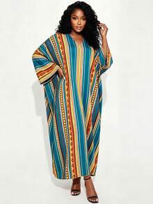 Maweii Đầm maxi Kaftan in họa tiết retro châu Phi cỡ lớn dành cho phụ nữ, áo Abaya tay cánh dơi cổ chữ V cỡ lớn, đầm dài rộng in họa tiết retro kẻ sọc dành cho phụ nữ châu Phi có thân hình đầy đặn, trang phục thường ngày và dự tiệc. - Nhiều màu - Xem 4