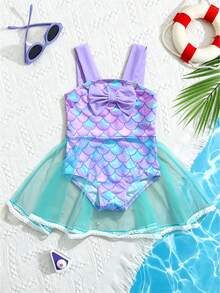 Abbigliamento da spiaggia per bambine, costume da bagno per ragazze, vacanza, casual, stile carino, costume da bagno viola, stampa a scaglie di pesce colorata, tessuto a maglia, costume da bagno con abito in rete, fiocco decorativo sul petto, costume da bagno monopezzocon inserti in rete, alla moda, casual, raffinato, elegante, femminile, adatto per nuotare, vacanza estiva, spiaggia estiva, mare, piscina, festa estiva, vacanza rilassante - Viola - Visualizzare 4