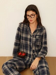 Doze Lane 女款棉質格紋休閒優雅可愛日系翻領長袖睡衣套裝，秋季舒適居家睡袍，海軍藍 - 藍色 - 查看 8