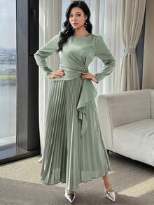 Modelyn Women's Solid Color Round Neck Pleated Hem Elegant Dress,Dresses For Women Summer - Green - View 3